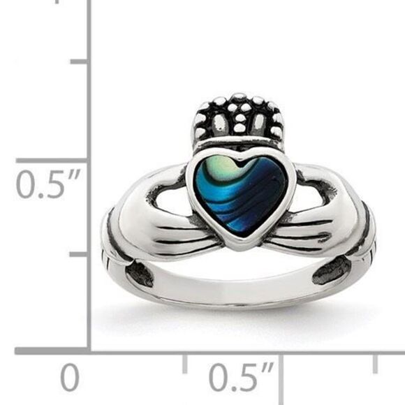 Sterling Silver Antiqued Abalone Inlay and Black Enamel Claddagh Ring - Picture 6 of 7